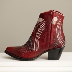Ferrini Savannah Ankle Boots Red Leather Embroidered Western Boho Festival